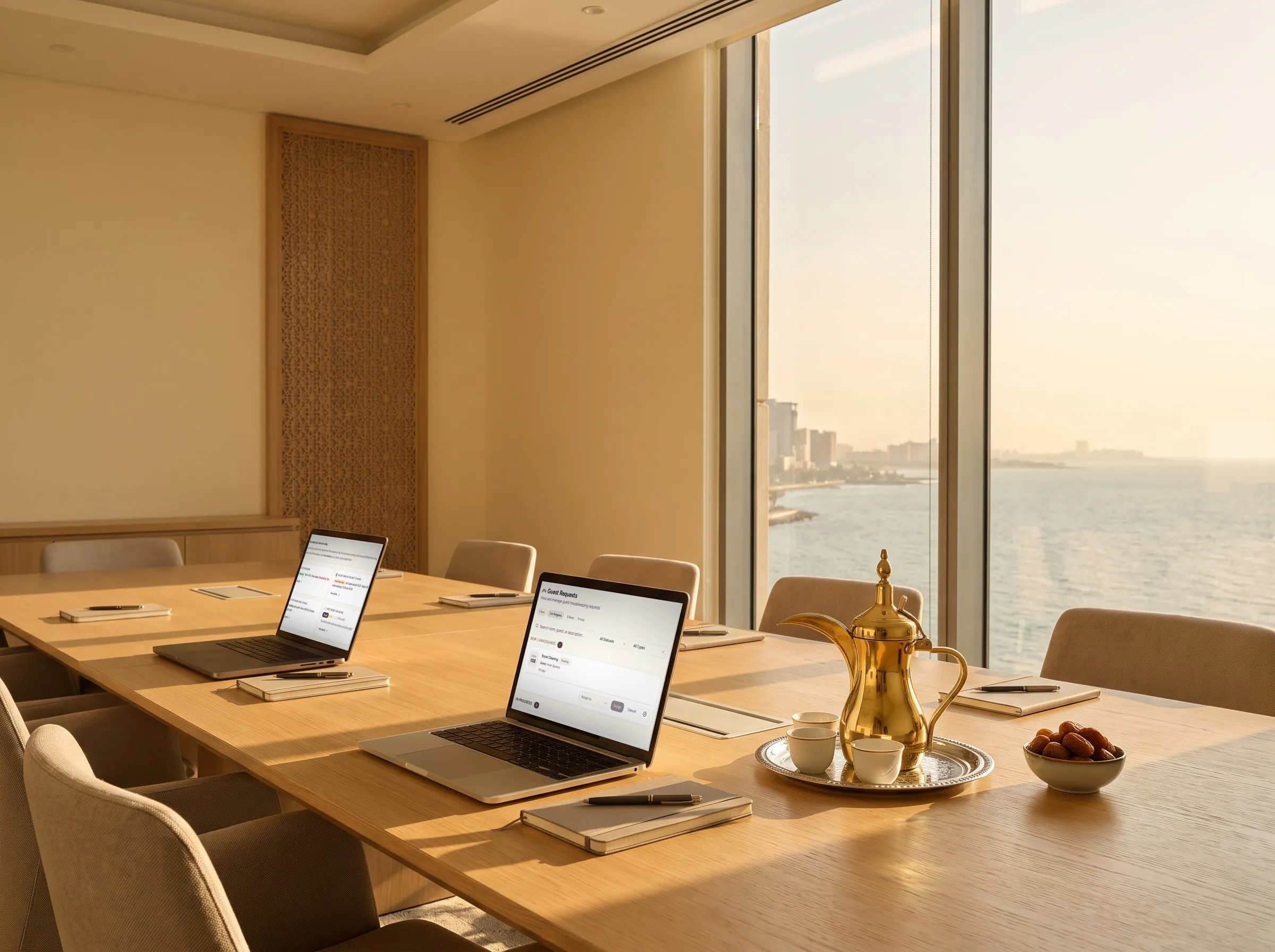 A meeting room with a sea view, laptops open on the table and Arabic coffee set out