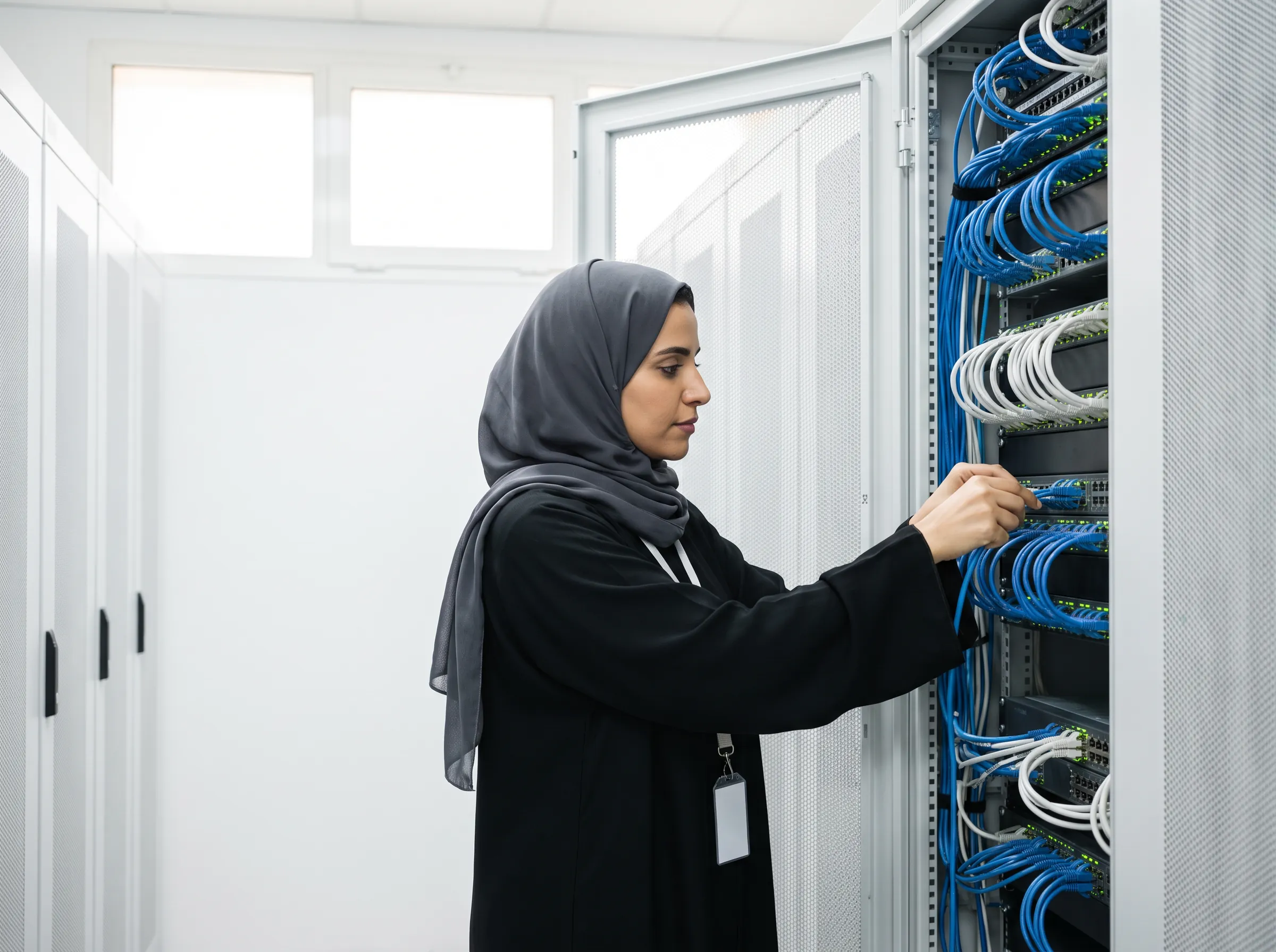 A Saudi engineer connecting network cables in an open server rack