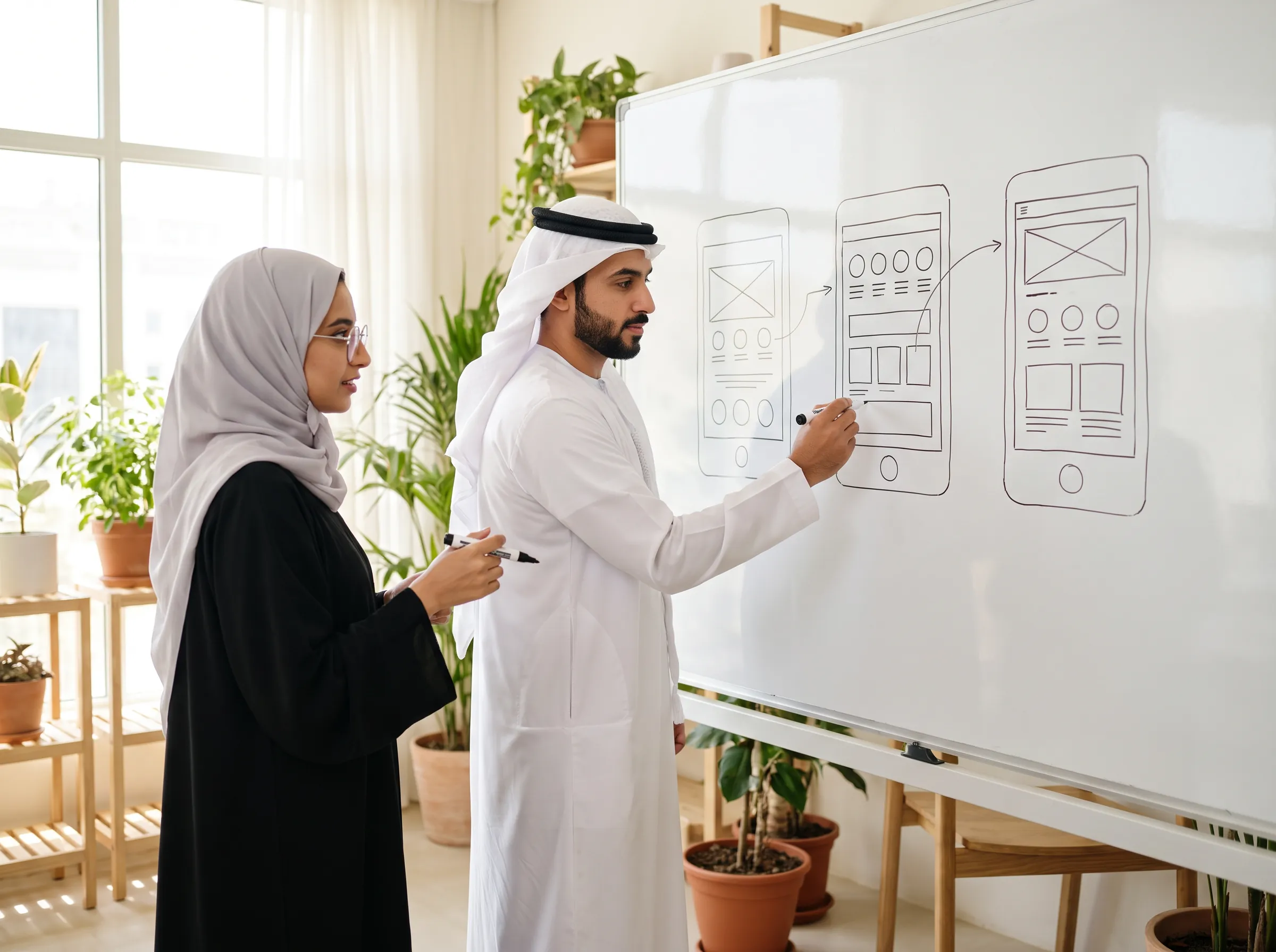 Two engineers sketching mobile app screens on a whiteboard