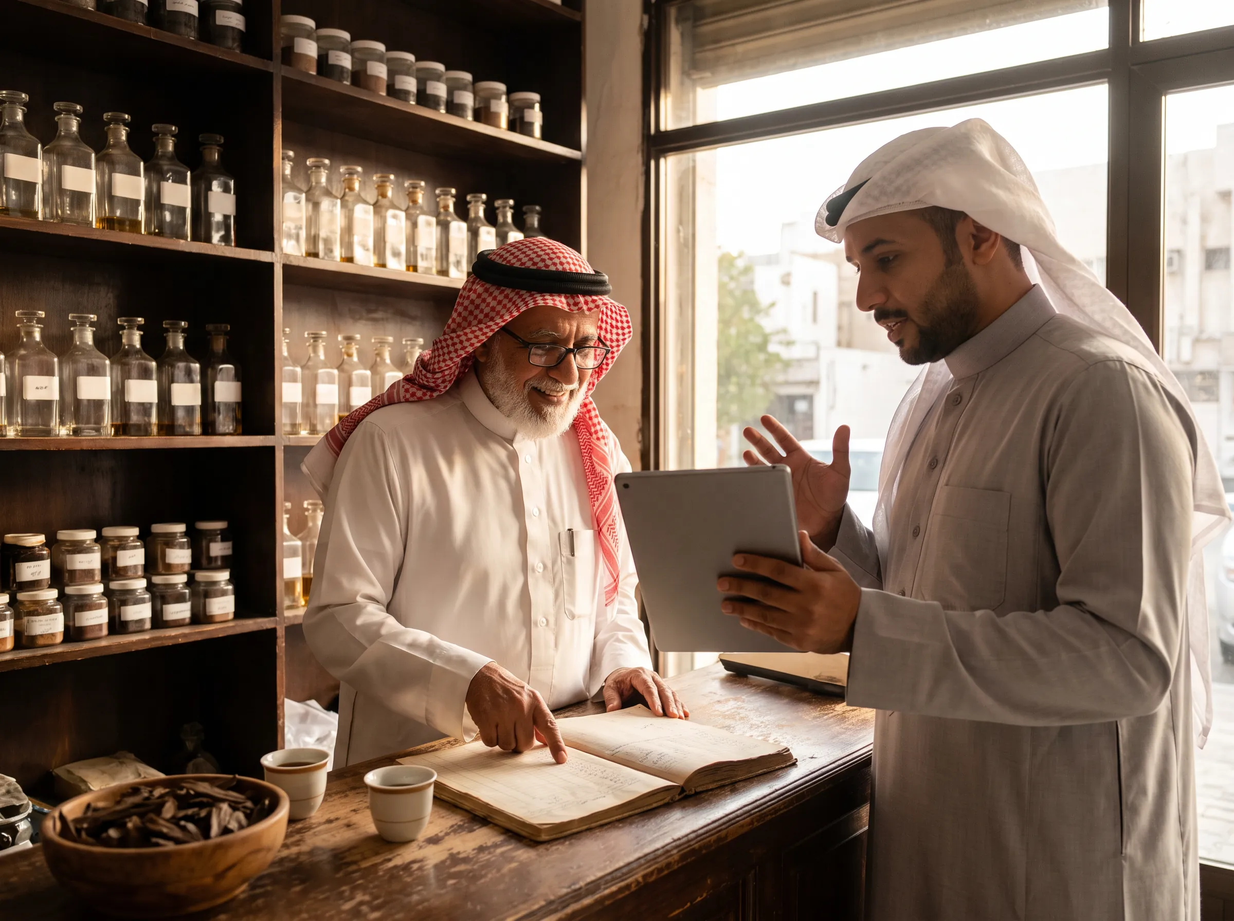 An oud shop owner going through his paper ledger with a colleague who holds a tablet