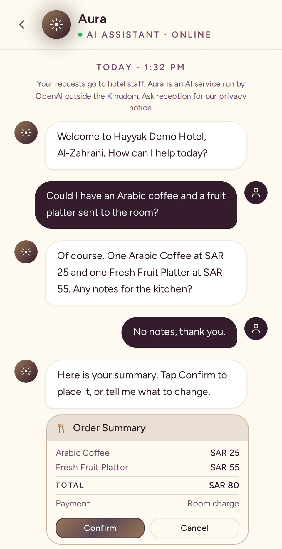 Aura's chat with a guest at a demo hotel: a dining order shown as a summary card, placed only when the guest taps Confirm