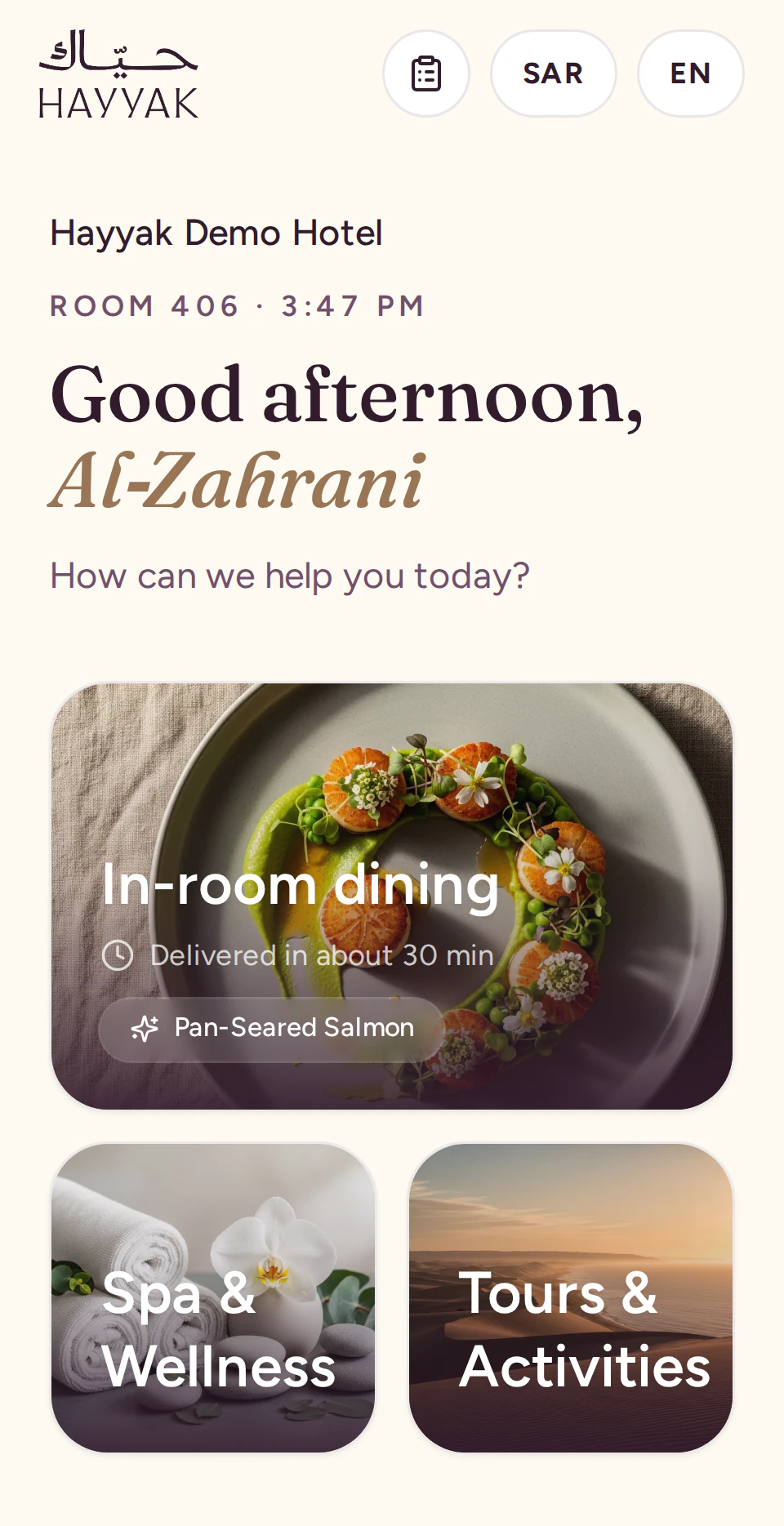 Guest Companion home screen in English for room 406 at a demo hotel: in-room dining, spa and tours