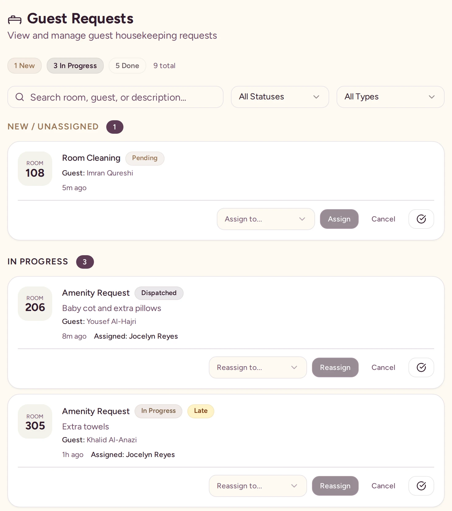 CrewOps+ housekeeping board at a demo hotel with requests in three states: a new request waiting to be assigned, a request in progress with a named housekeeper, and one marked Late after passing its time target